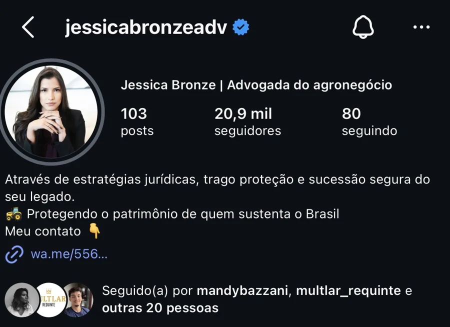 Perfil @jessicabronzeadv em 21 de outubro de 2026: 103 posts e 20,9 mil seguidores